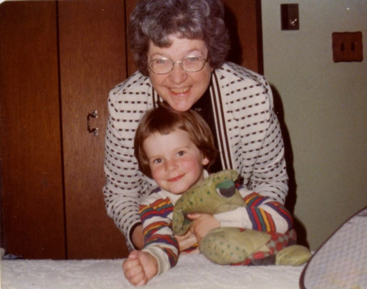 Jesse's Grandmother Isabel Wilson (Black) Coleman with Jesse Waugh and Mr. Froggy in Michigan in 1978