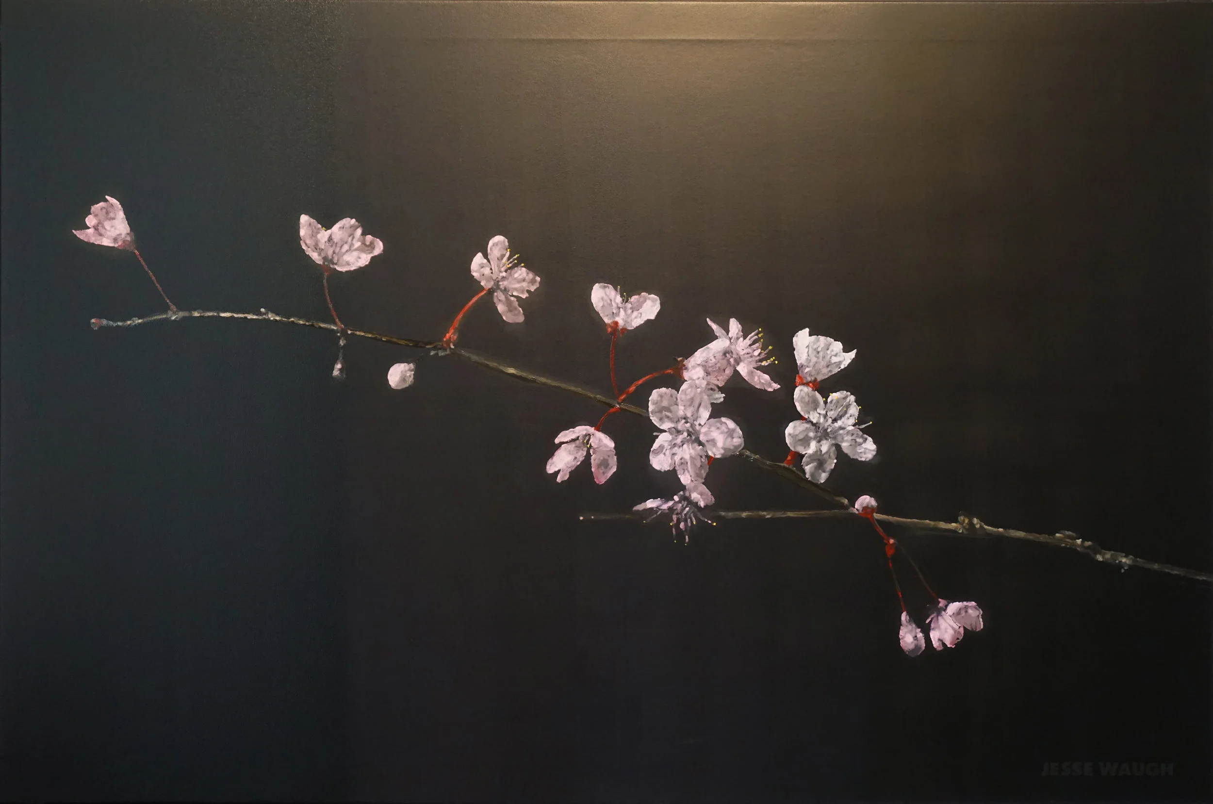 JESSE WAUGH CHERRY BLOSSOMS ADYTUM 2016 OIL ON CANVAS 146 X 97 CM