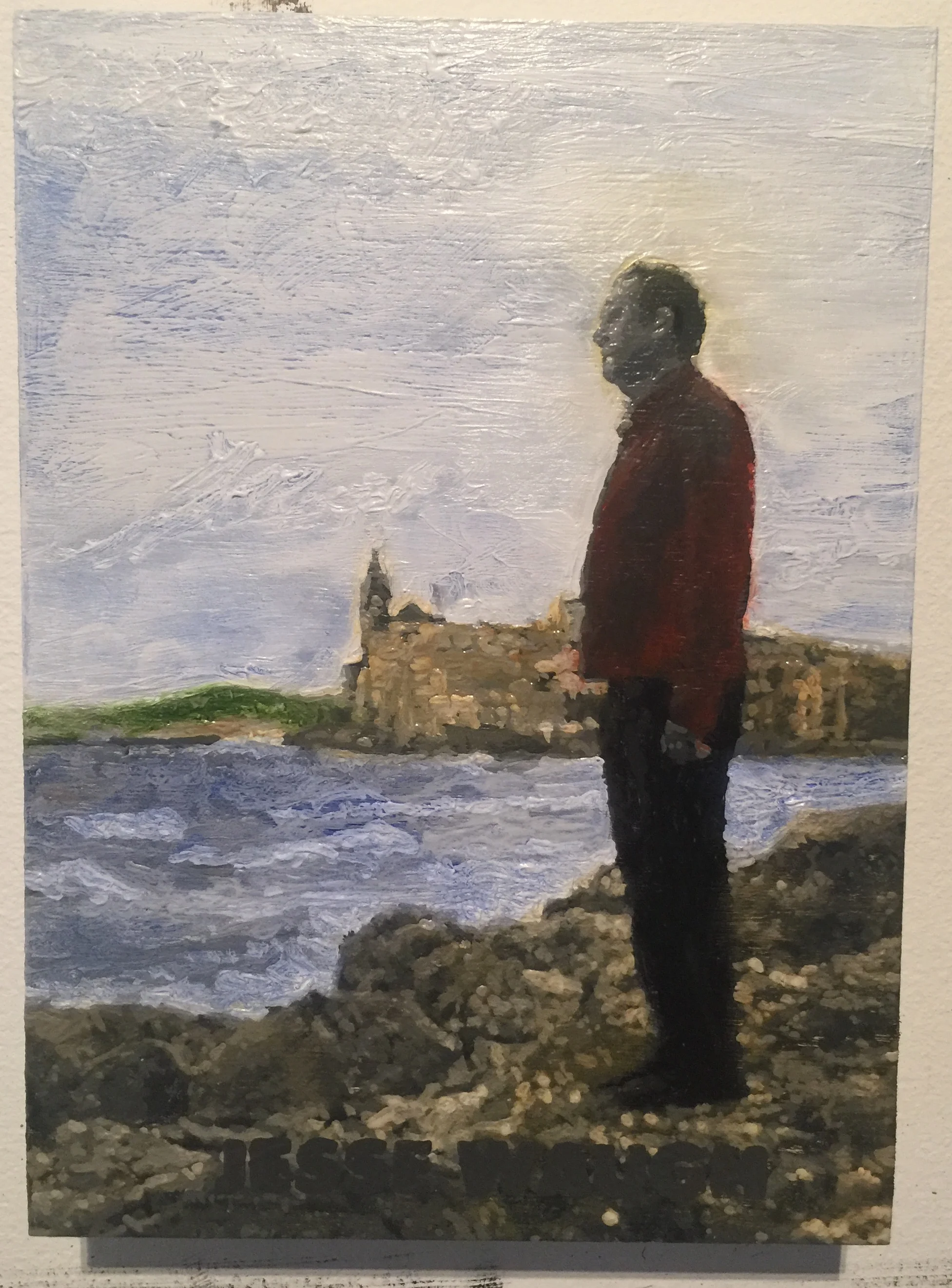 JESSE WAUGH KEITH WILLIAMSON AT SITGES 2017 OIL ON CANVAS 22 X 16 X 4 CM