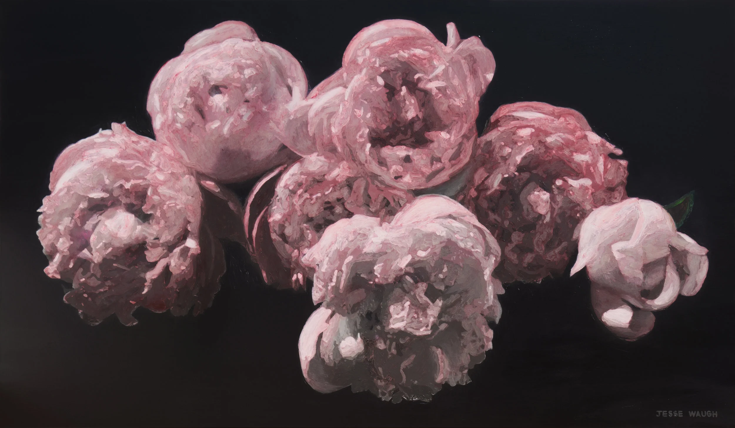 JESSE WAUGH PINK PEONIES WABISABI 2016 OIL ON CANVAS 195 X 114 CM