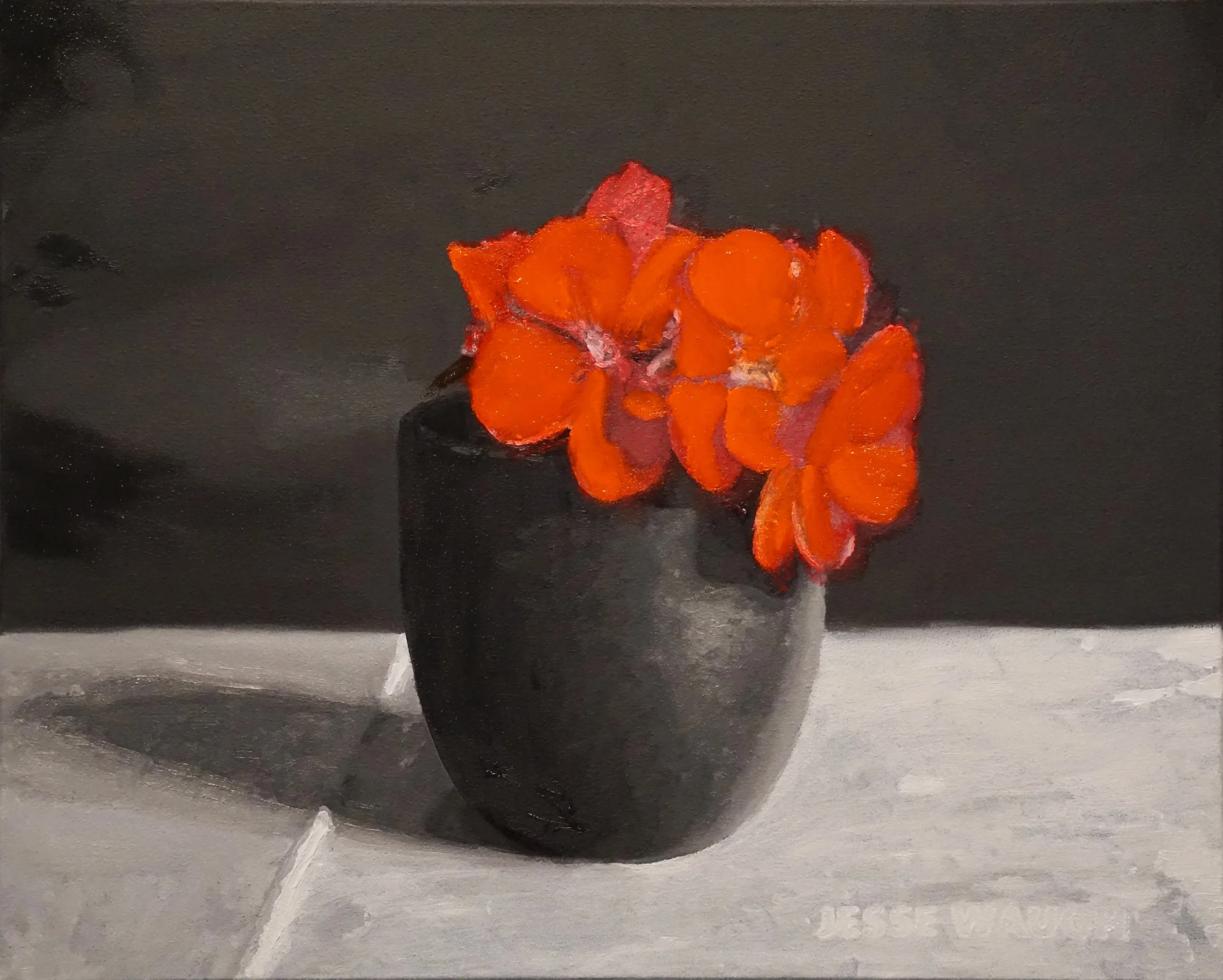 Jesse Waugh Red Geraniums in a Japanese Teacup 2017 Oil on canvas 41 X 33 cm