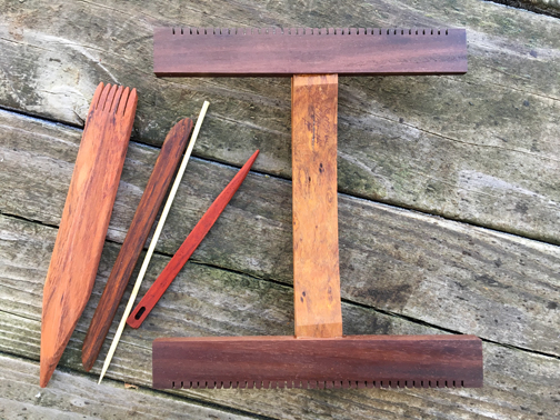 Hokett 6-dent exotic wood loom kit (woods vary widely!) with flat beater, 7 inch shed stick, small wooden needle.