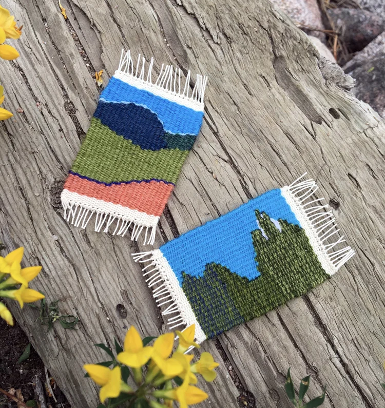 Kathy wove these wonderful mountain scenes. These are, I believe, woven at 12 epi so they are less than 2 inches wide.