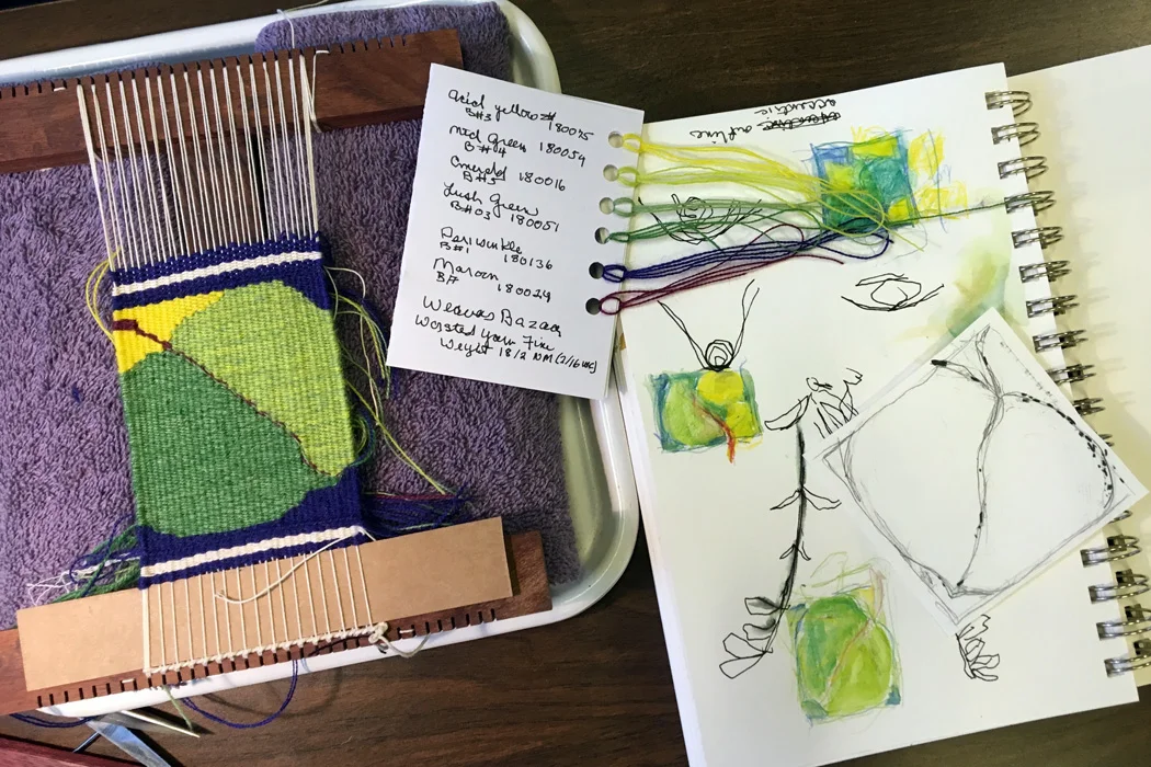 Beth wove this marvelous aspen leaf. I loved seeing her process of sketching and working with the colors with pen and ink and watercolor as well as noting the Weaver's Bazaar yarns on a card. This was woven with two strands 18/2 Weaver's Bazaar wool yarn at 12 epi on a 6-dent Hokett loom.