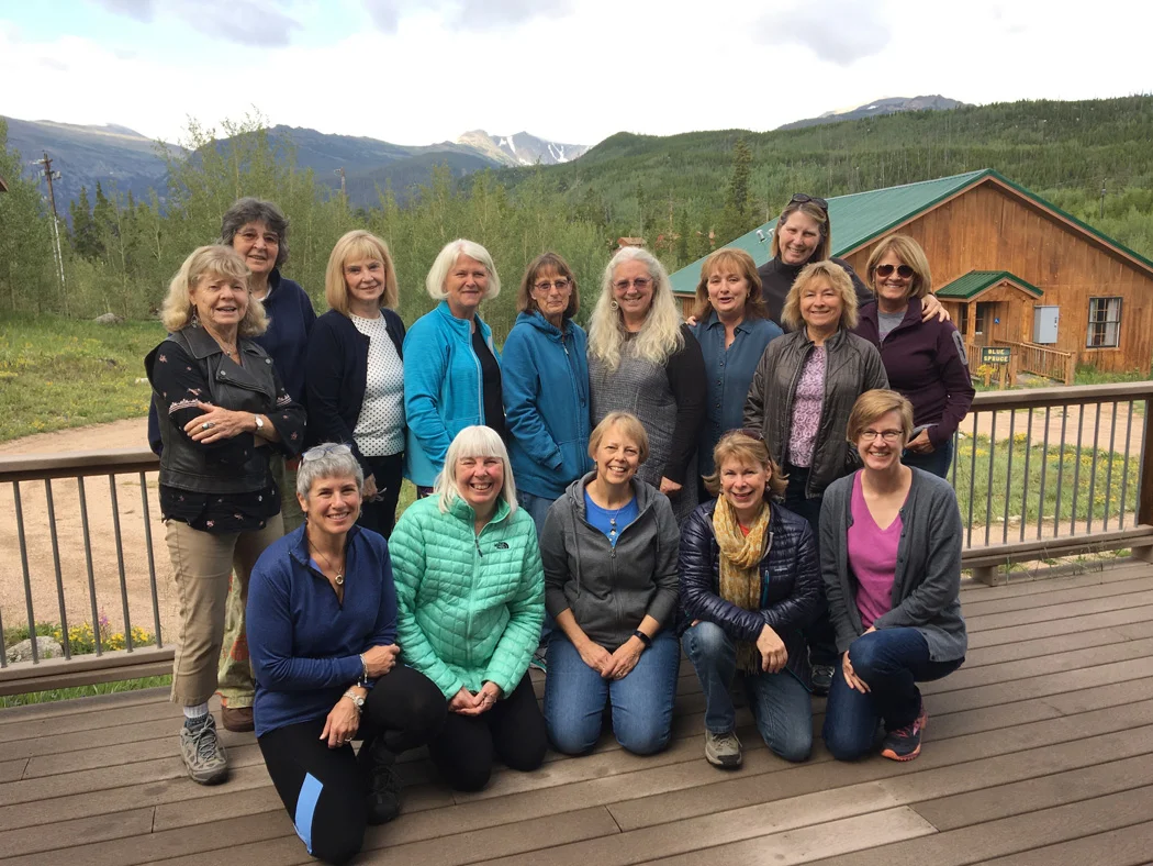 Tapestry camp August retreat. Front row: Paula, Marilyn, Cynthie, Leslie, myself. Back row: Elisabeth, Ute, Elizabeth, Gunnel, JD, Kevynne, Beth, Jane. Back left: Carol, Marilyn.