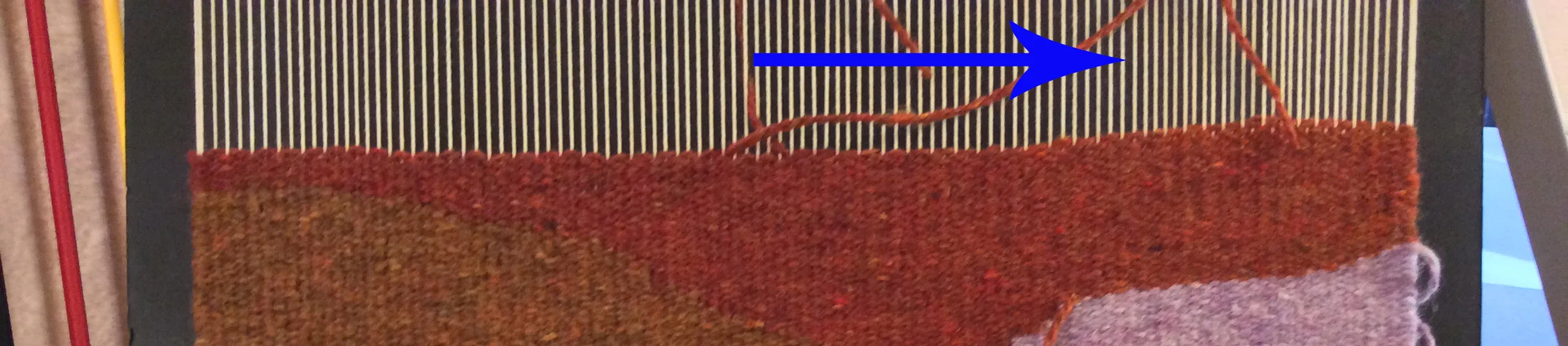 Tapestry weaving example of weft tension problems making warps draw together.