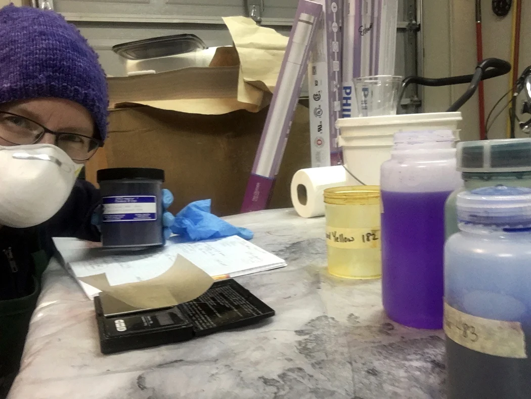 Rebecca Mezoff in her dye studio, acid wool dyeing for tapestry weaving
