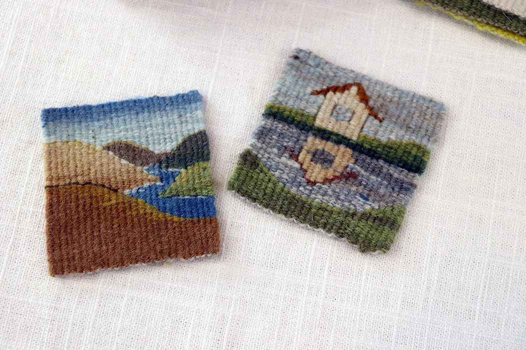 2.5 inch square four selvedge tapestry weavings by Sarah Swett