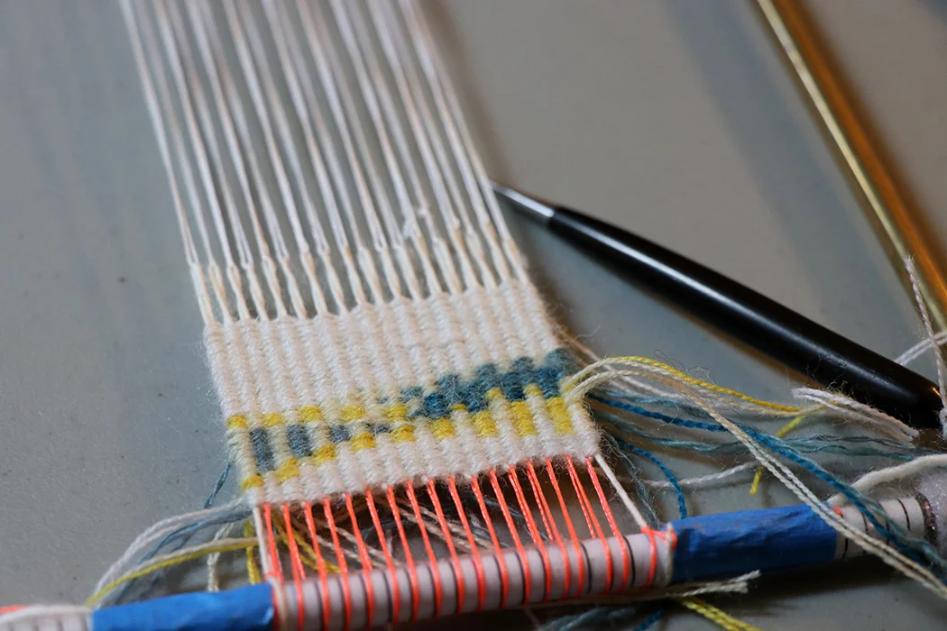 Rebecca Mezoff, September bloom: chamisa (in progress), four selvedge tapestry, wool
