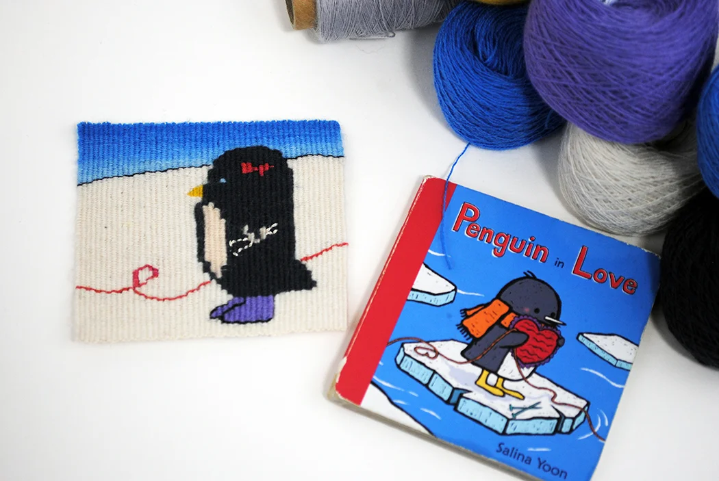 Rebecca Mezoff, Bootsy, tapestry diary tapestry with Salina Yoon’s children’s book.