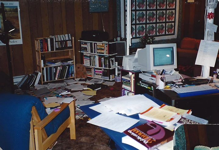 The third basement in three years. Masters thesis in progress. This photo proves that I did NOT have one of those colored bubble Macs at this point. It must have come later. The sticky notes are real though. Circa 1997.