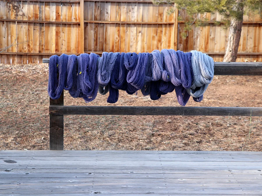 Rebecca Mezoff, Blue-violet hand-dyed yarns for a new tapestry.