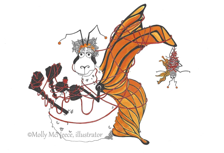 Ever have problems with weft tension? So do crafty sheep. Illustration by Molly McNeece from Untangled: A Crafty Sheep’s Guide to Tapestry Weaving by Rebecca Mezoff.