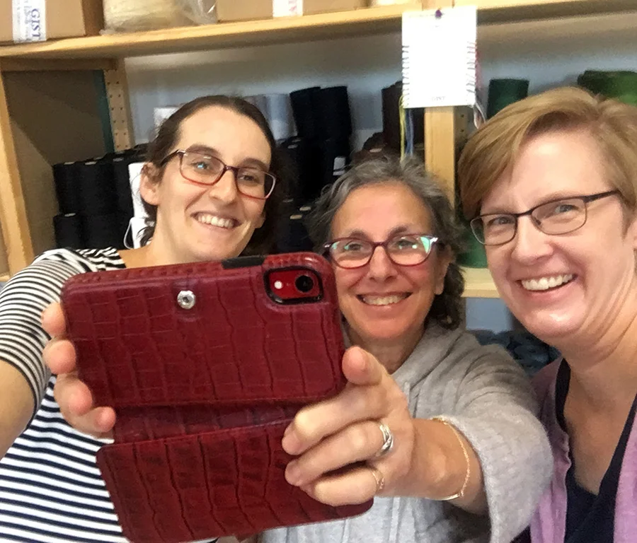 GIST Yarn owner Sarah Resnick, Mirrix Looms owner, Claudia Chase, and Rebecca Mezoff… goofing off as usual at GIST Yarn in Norwood, MA.