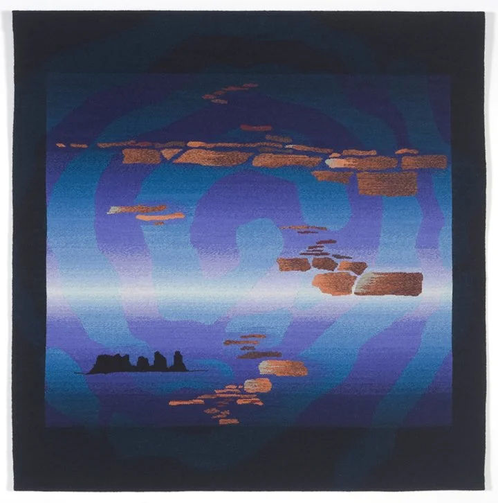 Image of blue, violet, brown tapestry with a spiral motif by Rebecca Mezoff, Emergence V: The Center Place