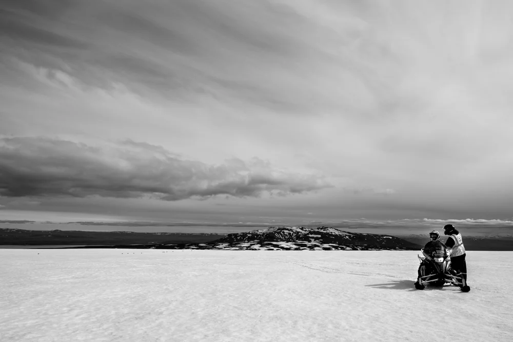 Snowmobiles on a glacier in Iceland. 