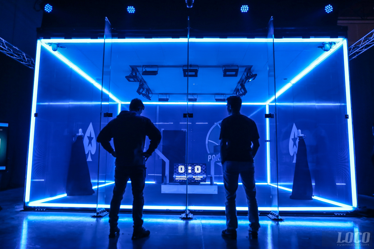 Competitors for the Global Poker League take a look at the Cube, where they would be playing heads up poker completely shut off from the world outside. 