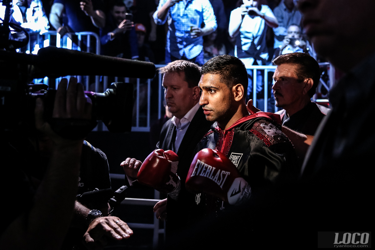 Amir Khan makes his entrance for his fight against Canelo Alvarez at T-Mobile Arena. 