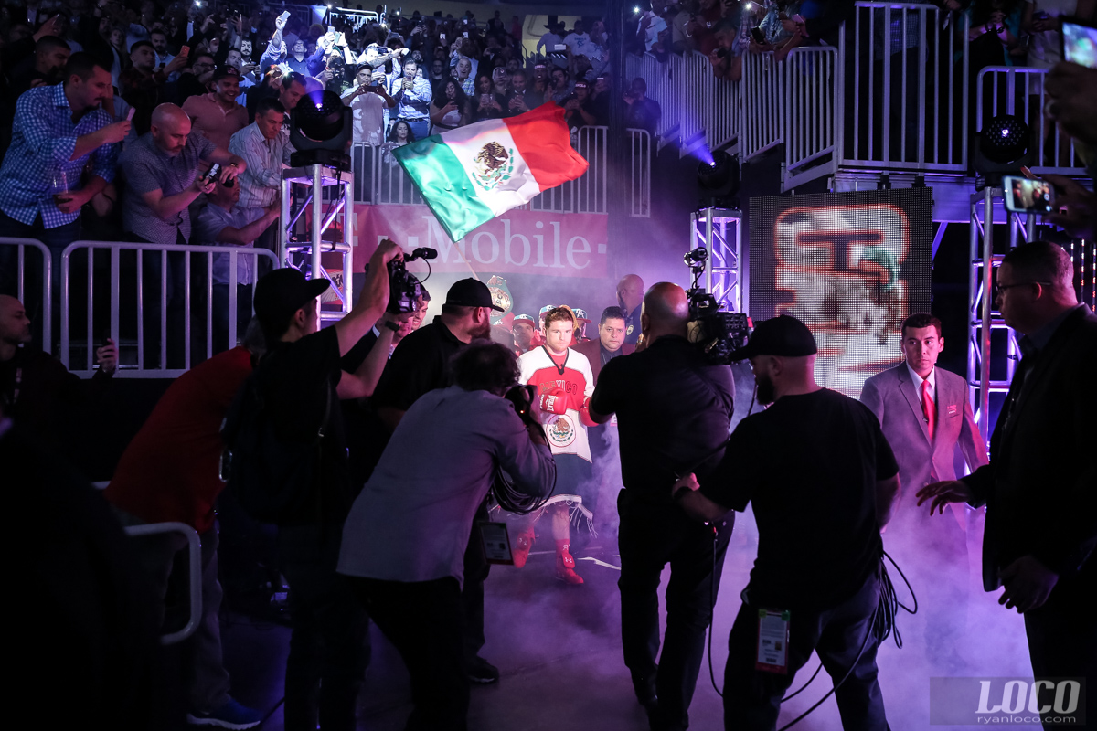 Canelo Alvarez makes his entrance for his fight against Amir Khan at T-Mobile Arena.