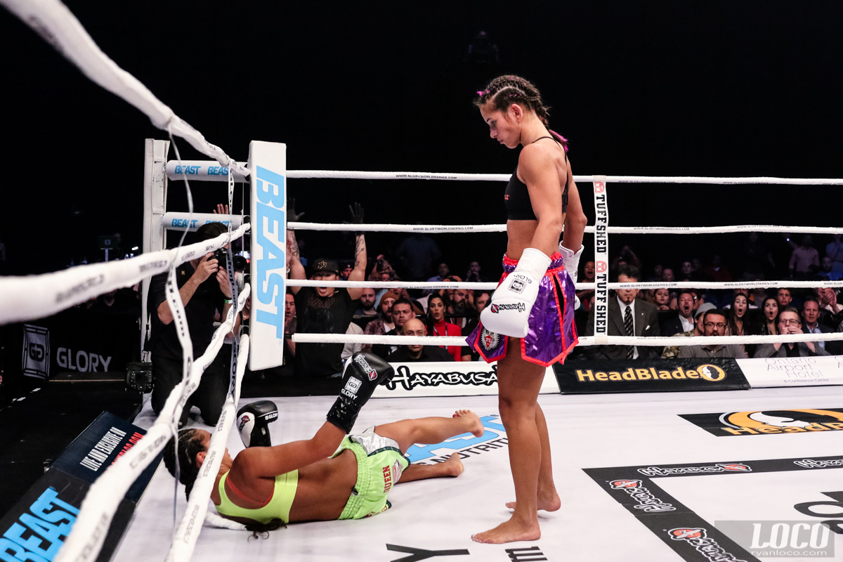 Tiffany "Time Bomb" Van Soest stands over Esma Hasshass after her knockdown in Ontario, CA. Tiffany would go on to win the entire tournament months later in Germany.