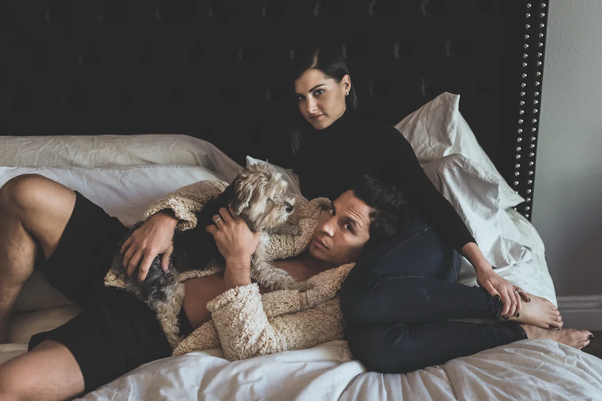 So continuing with Joe Benavidez always being down to create, here he is with his wife, Megan Olivi, and their dog Benny. We wanted to do an homage to the Kanye & Kim images we saw in Harpers Bazaar.