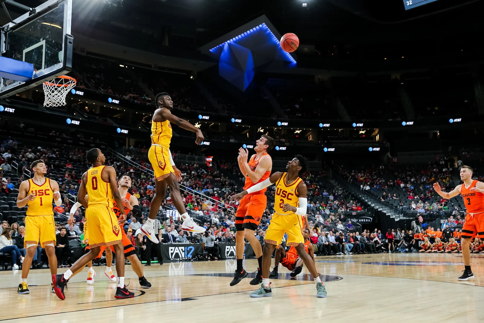 USC Trojan forward Chimezie Metu sending a basketball into the stands. Las Vegas, NV