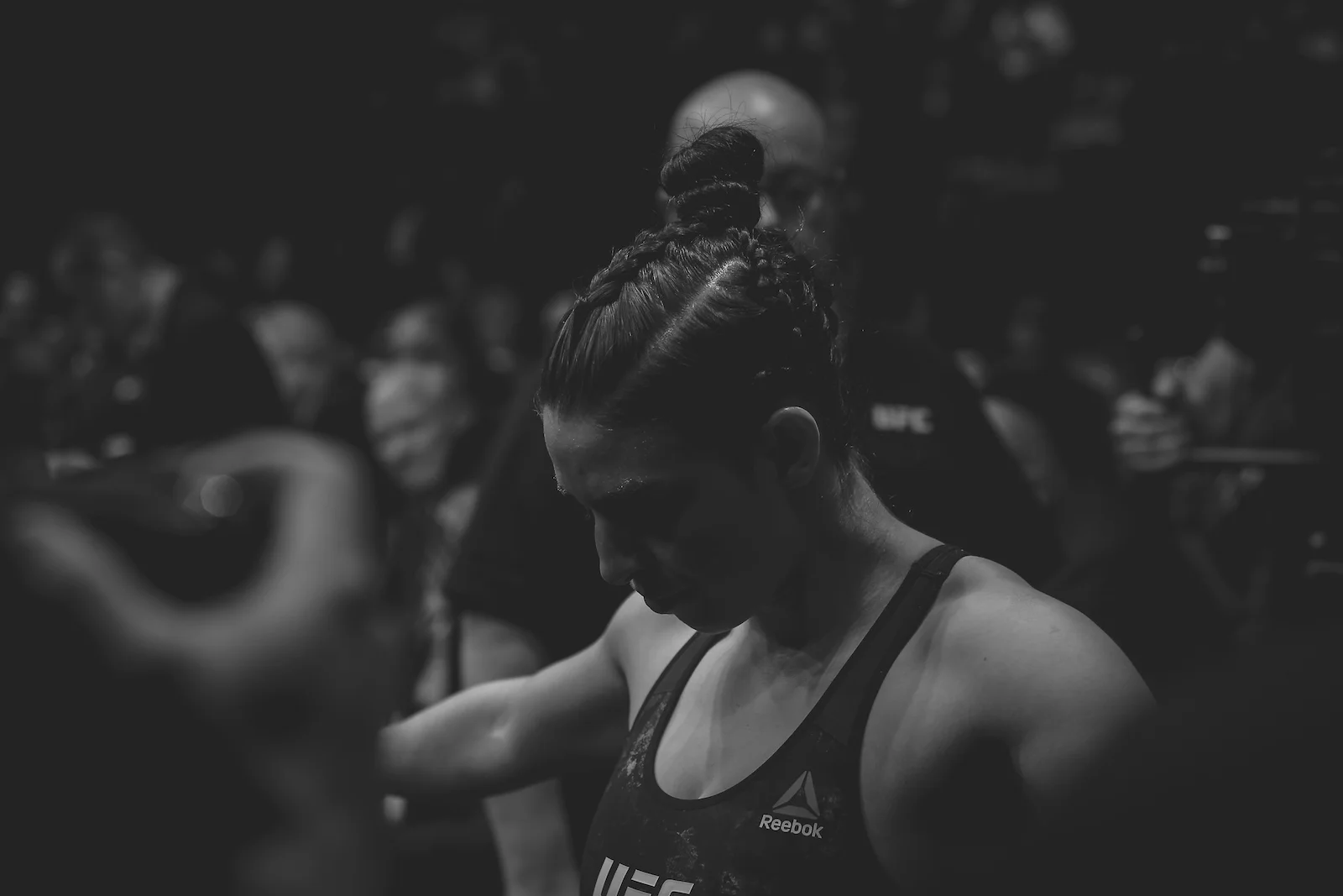 A quiet moment for Mackenzie Dern before she enters the cage. Las Vegas, NV.