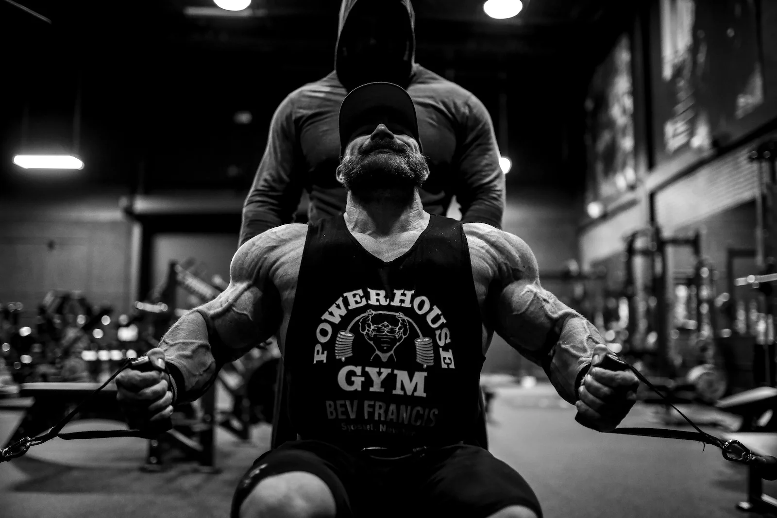 Flex Lewis training to defend his Mr. Olympia title with training partner Frank McGrath in the “Dragon’s Lair”. Boca Raton, FL.