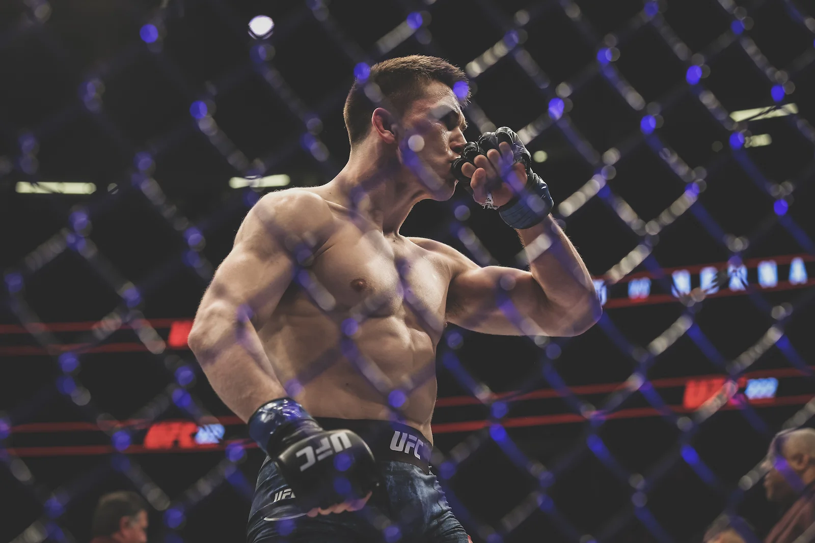 Alex Hernandez kisses his fist after his KO victory in his UFC debut. Las Vegas, NV.