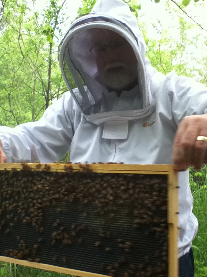Kyle Pratt with a bee frame
