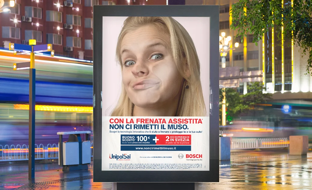 Client: Bosch Europe through Libera Brand Building. This print campaign involved photographs of 'squashed faces' to help promote a speciality Bosch insurance safety program throughout Europe. The text basically says, "with Bosch braking technology you will not lose your face."