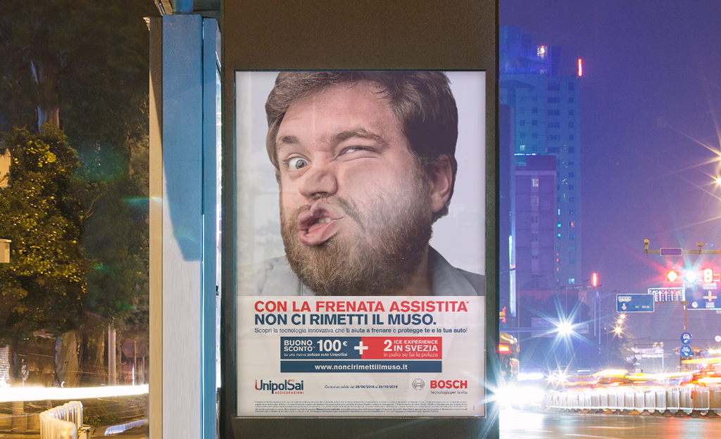  Client: Bosch Europe through Libera Brand Building.&nbsp;  This print campaign involved photographs of 'squashed faces' to help promote a speciality Bosch insurance safety program throughout Europe. The text basically says, "with Bosch braking techn