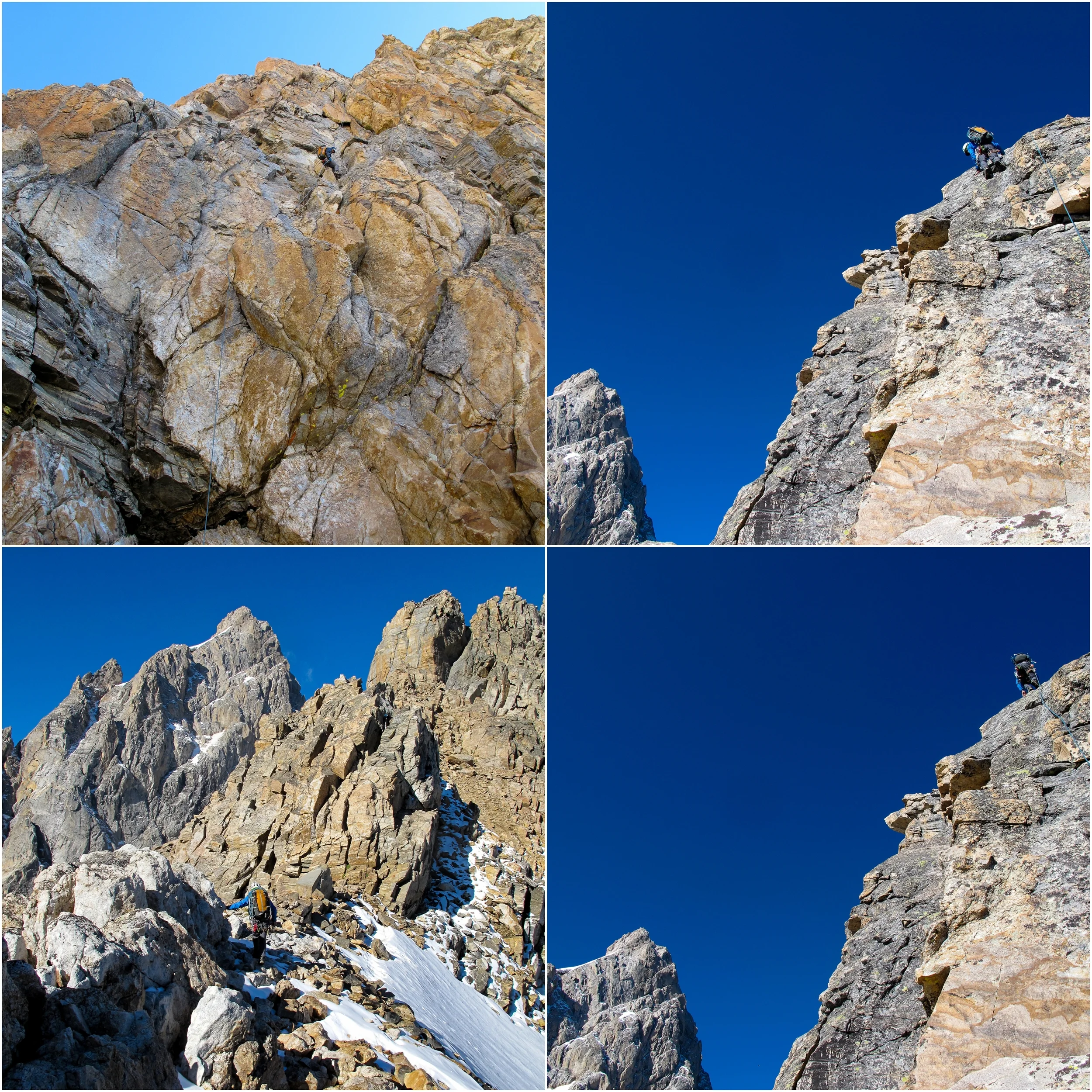 (Top Left) Rappels off of Mt. Teewinot. (Top & Bottom Right) Climbing Mt. Owen. (Bottom Left) Coven Col with the Grand on the left.