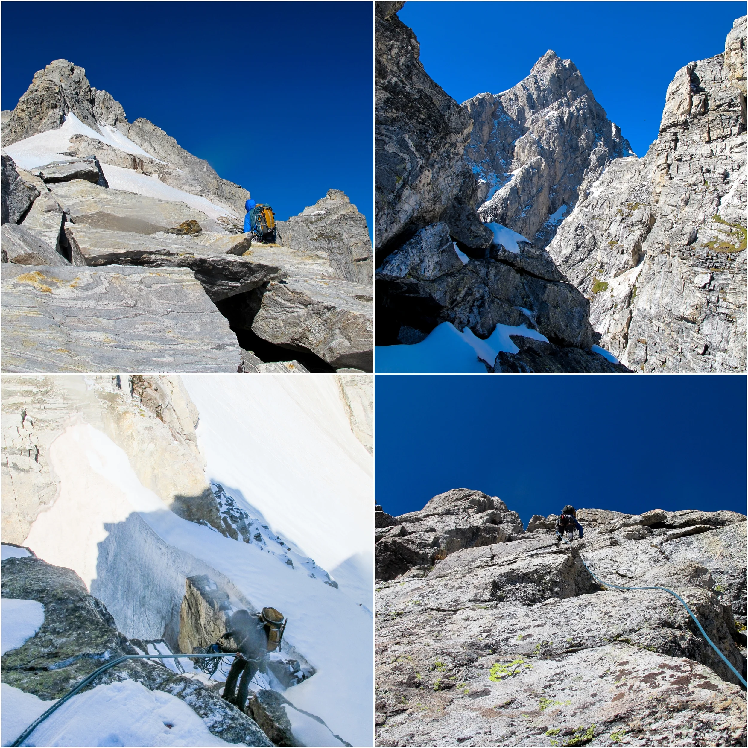 (Top Left) Approach to Mt. Owen. (Top Right) The Grand as seen through the Coven Col (Bottom Right) Climbing Mt. Owen (Bottom Left) Full alpine conditions descending down to Mt. Owen.