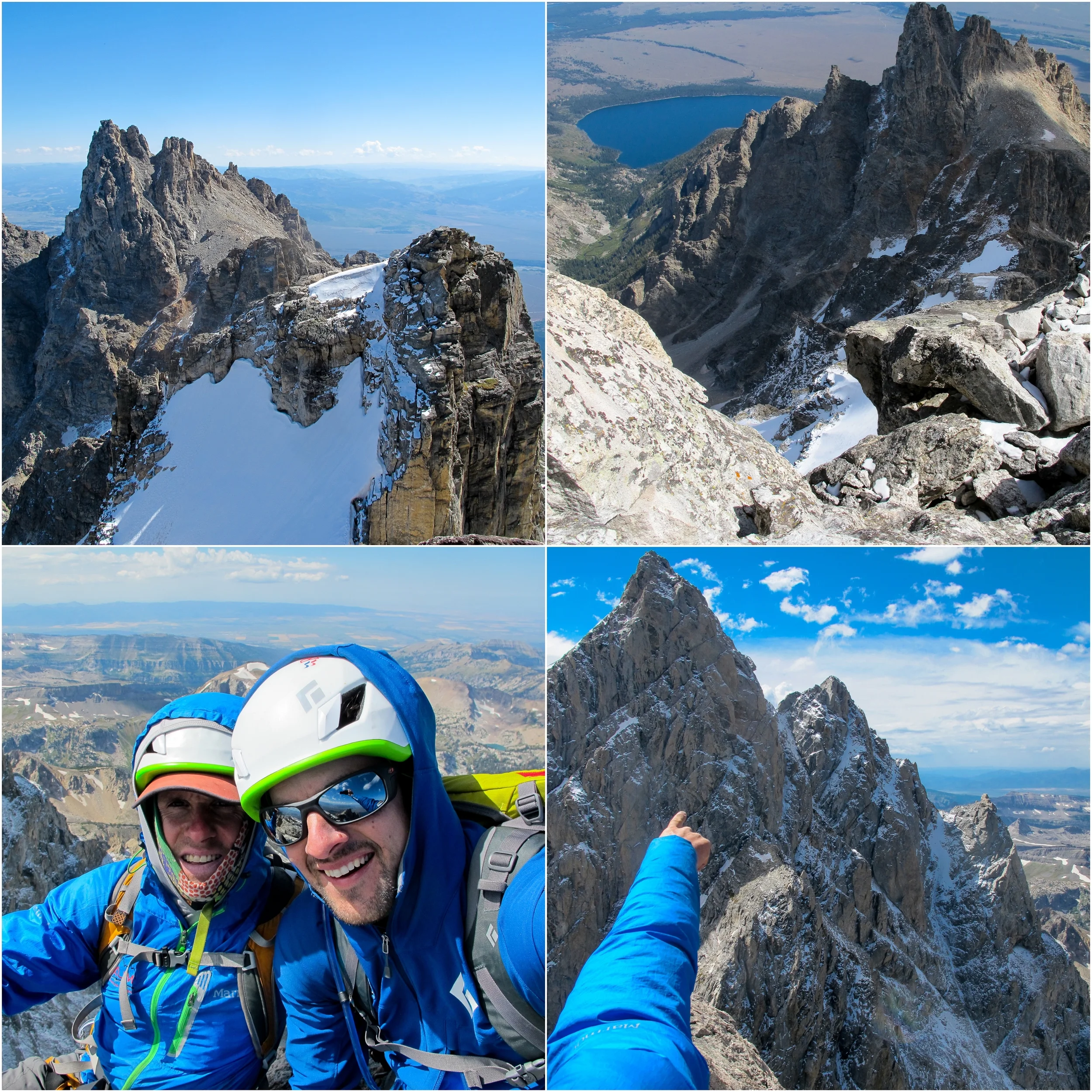 (Top Left) Looking back at Mt. Teewinot. (Top Right) Looking down Mt. Owen (Bottom Left) Gary and I on Mt. Owen Summit. (Bottom Right) North Face of Grand and other peaks (Full winter on that side!)