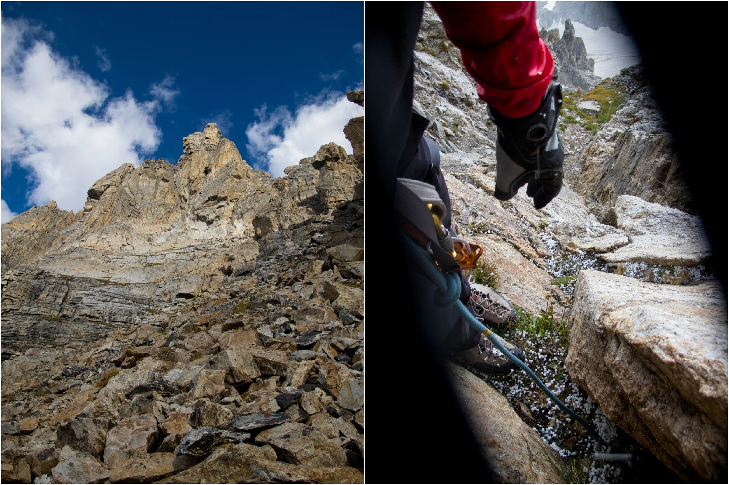 (Left) Things cleared up...So we went for it. (Right) Belay ledge at about 12,300'....and the hail.