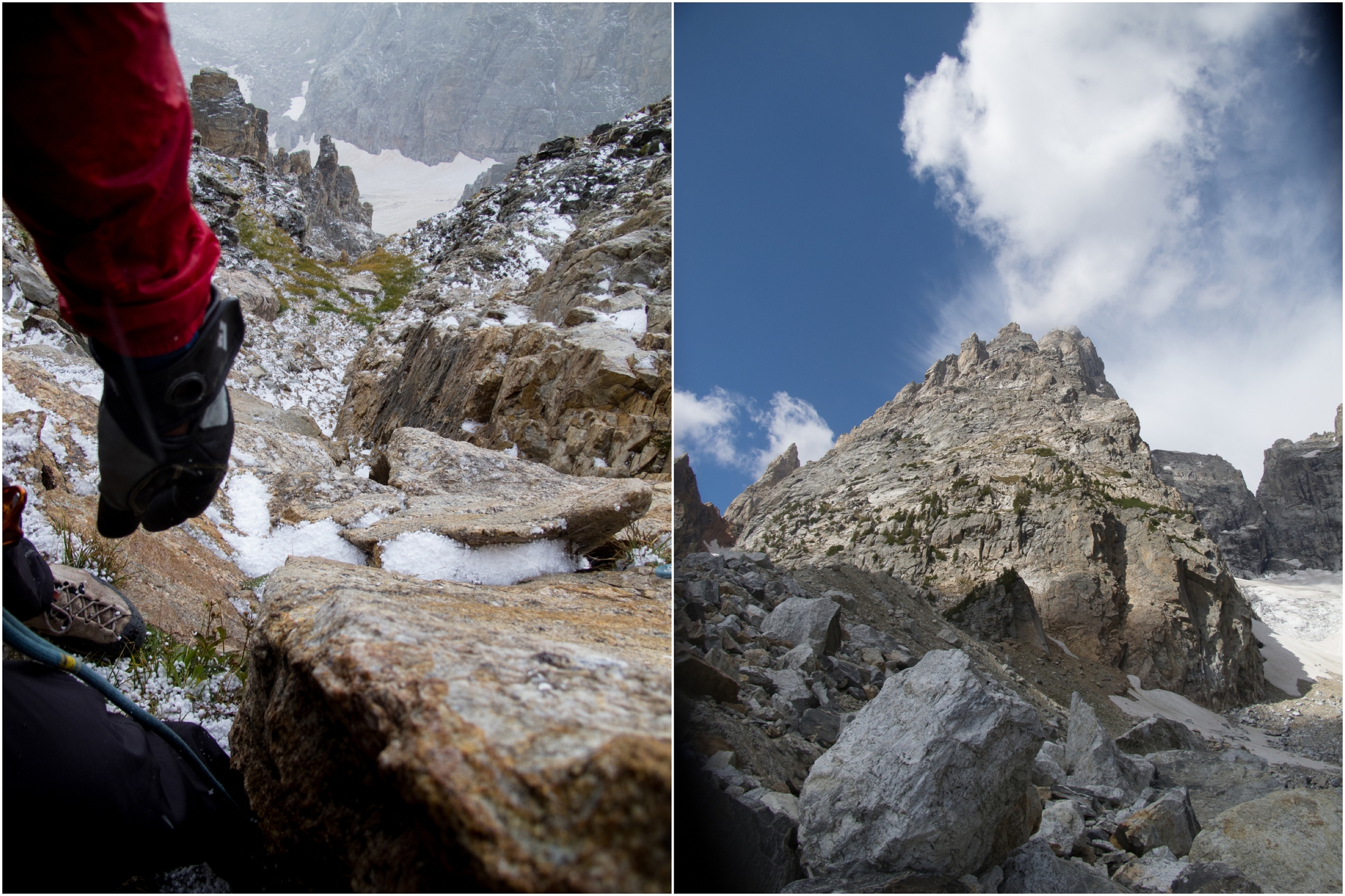 (Left) Belay ledge at 12,300' in the middle of the hail storm. Right before the lighting. It was incredible to see how quickly the smallest areas filled with hail and water. (Right) Back down around 11k watching the summit of the Grand make its own clouds.