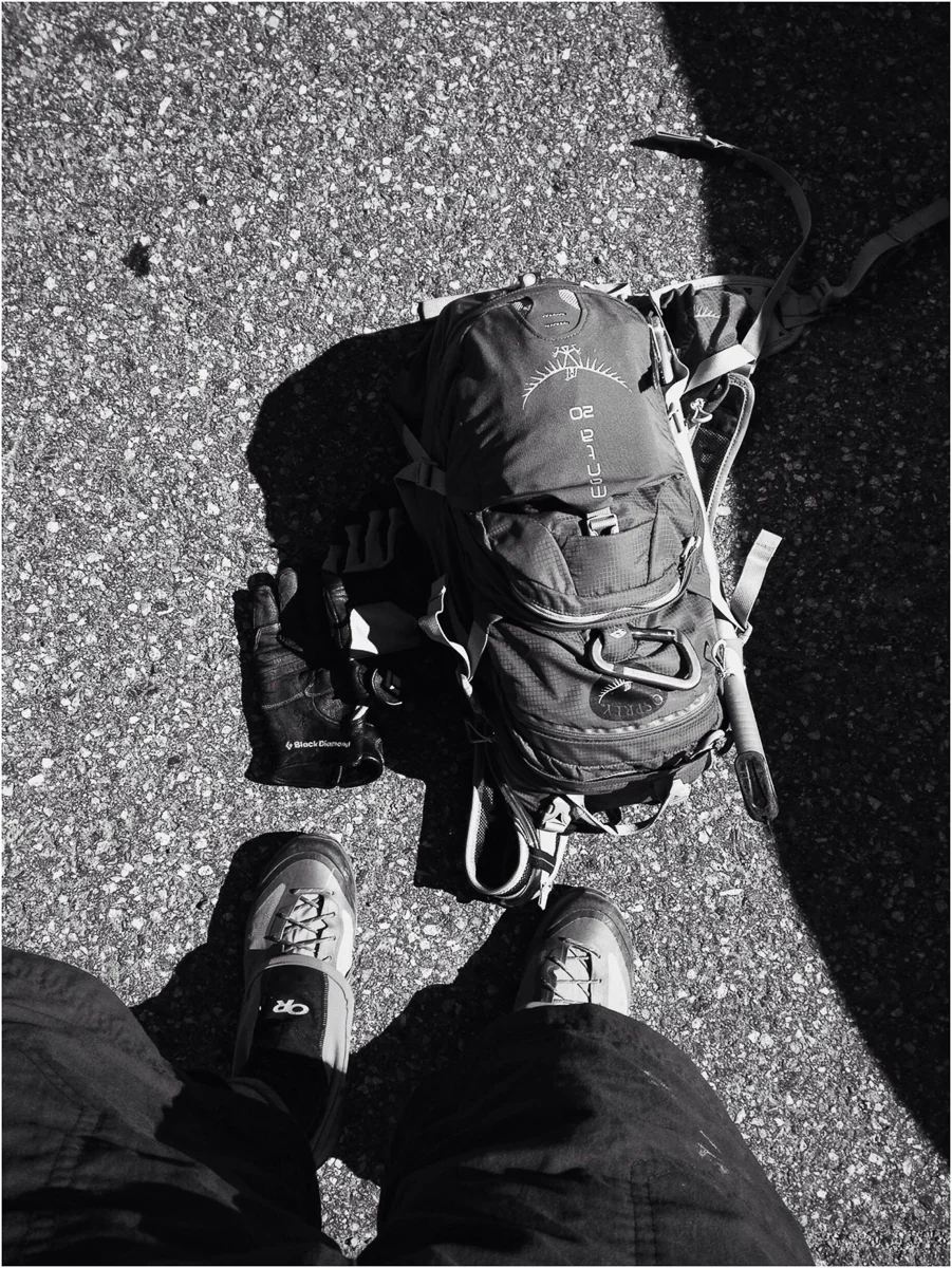 One hunk of Parmesan Cheese, 5 Gels, Liter of water, favorite gloves, tiny pack with wind jacket, puffy jacket, note pad, ice ax {never even close to using, brought it in case I had to bail down an ugly scree chute} 
