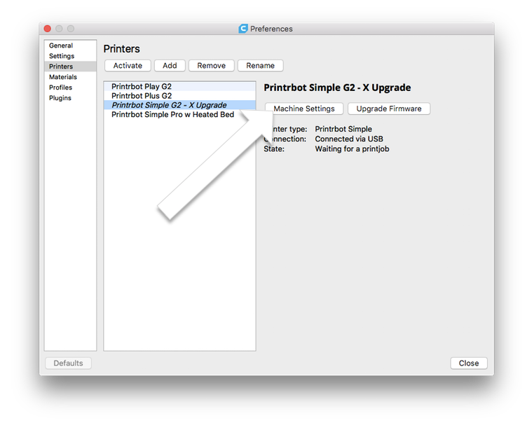Click Machine Settings on the Preferences Pop-Up