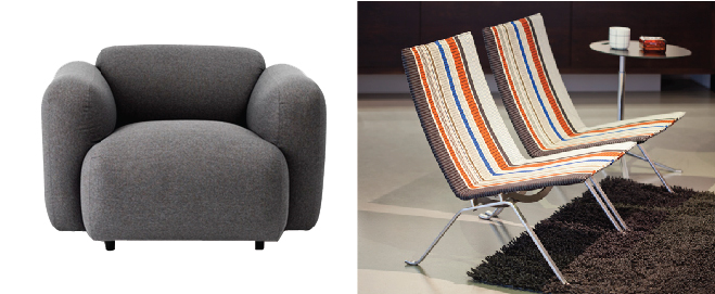 Fig 2.4 | Venstre: Sweel Armchair by Norman Copenhagen 2013, Jonas Wagell. Højre: PK22 Special Edition by Fritz Hansen 2012, Poul Kjærholm/Paul Smith