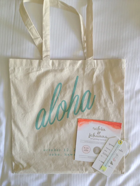 Upon arrival to our hotel, we were given a tote full of goodies at check-in by the bride and groom. So clever and sneaky!