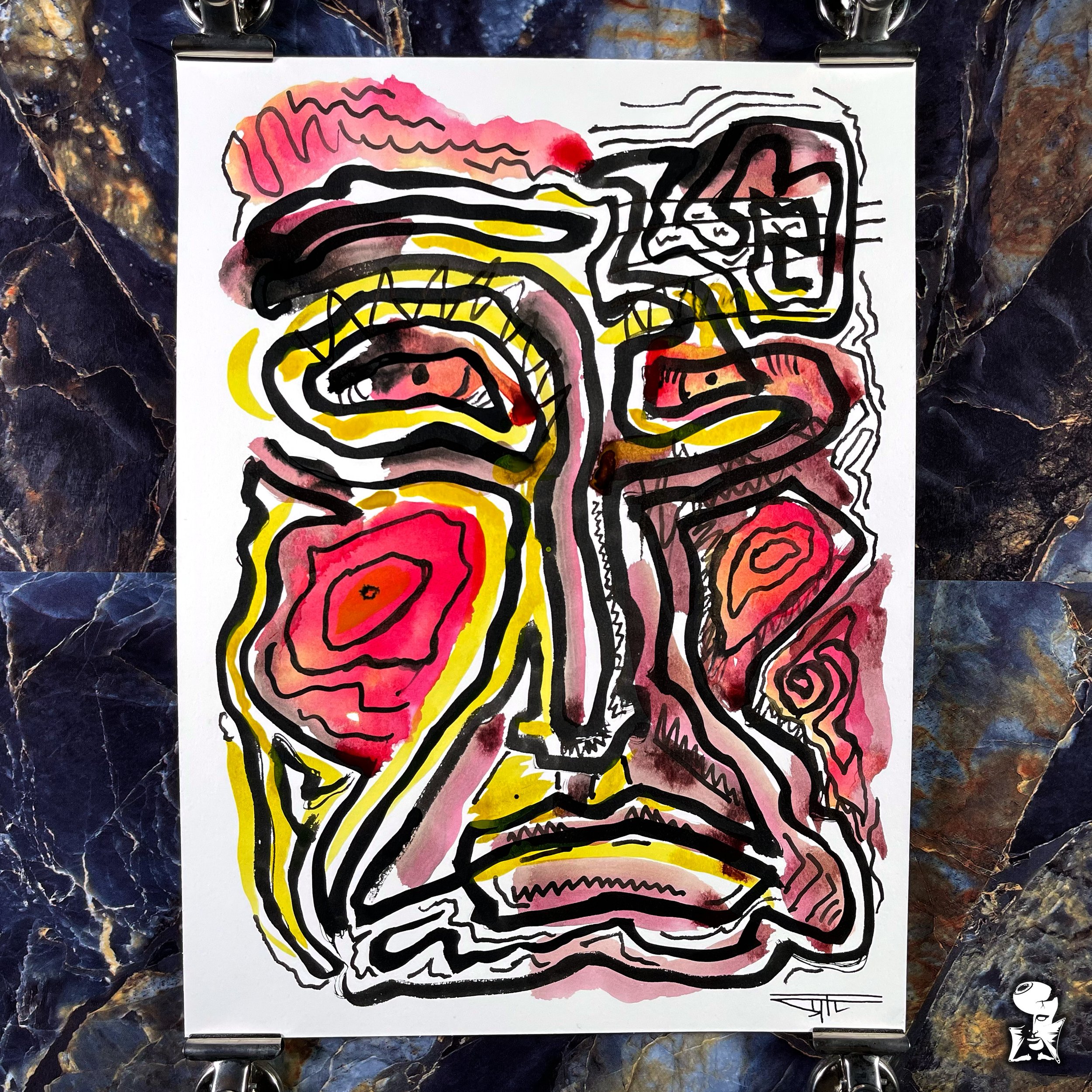 #2016 Abstract Face, Original Art by Ray Taylor - Colorful ink painting on hight quality paper