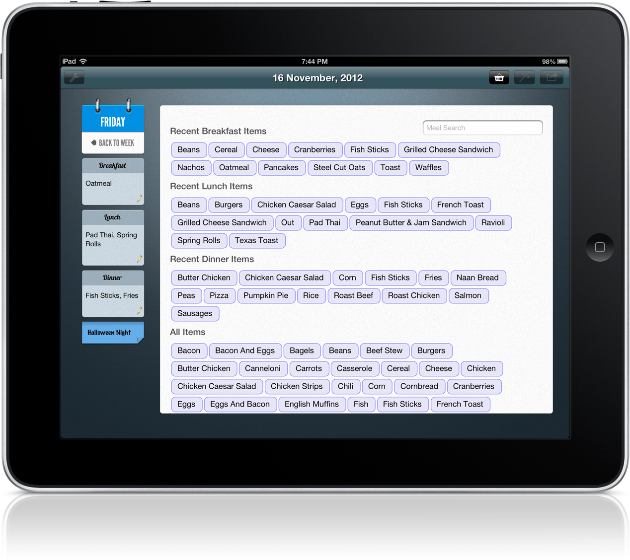 MealPlan on an iPad. it's an old iPad, but MealPlan works on more modern devices too