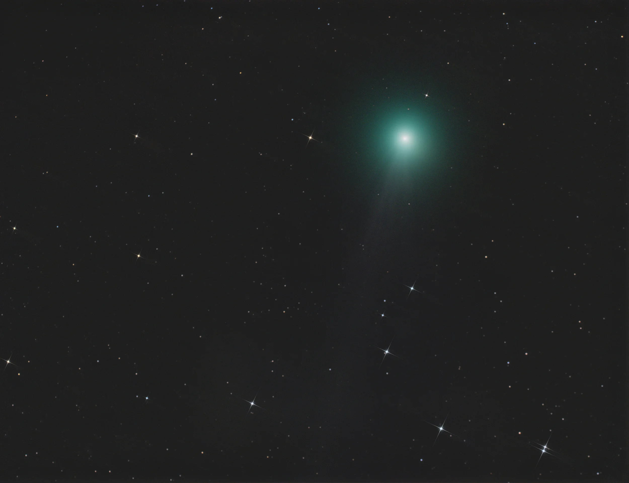 This version was stacked using Pixinsites "comet align" and "image Integration" tools. I also added star spikes for some astro bling.