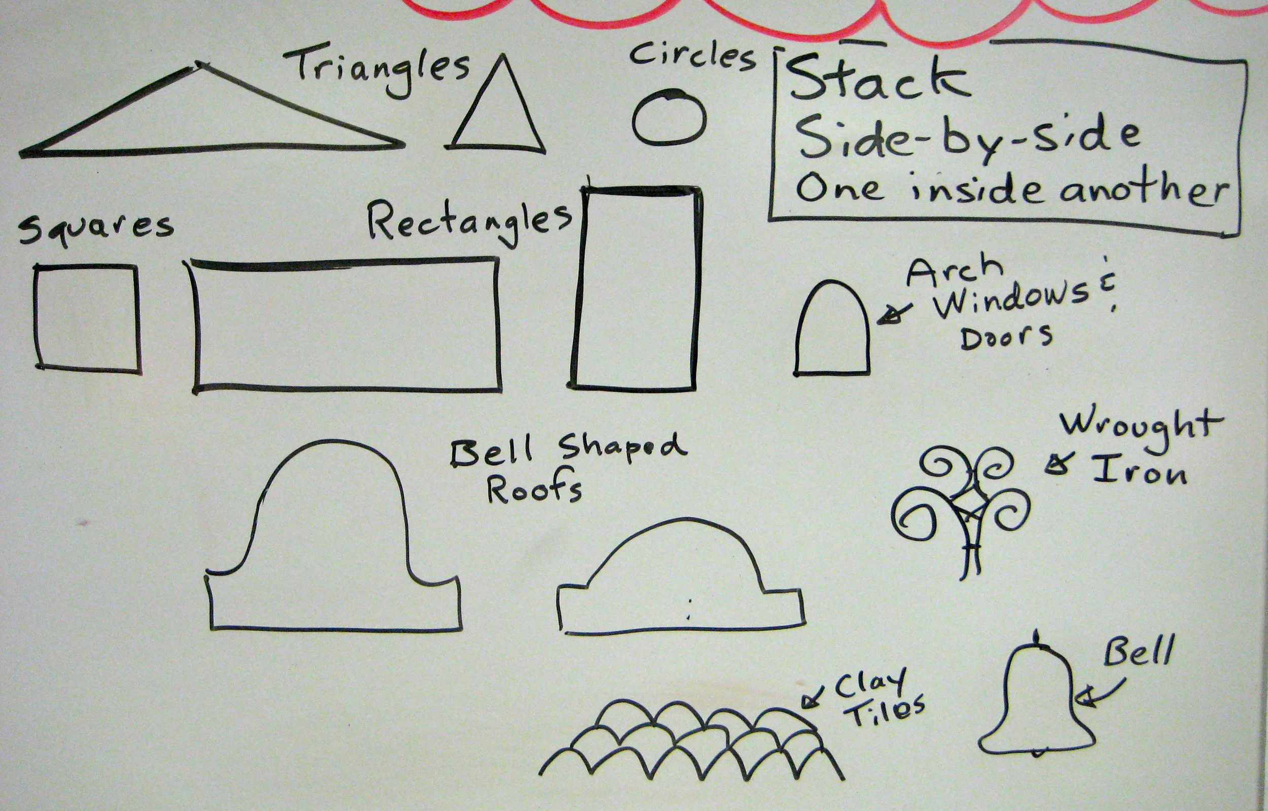 Basic Building Shapes from California Missions. Ideas for how to combine the shapes to create a new building: stack, side-by-side and one shape inside another shape.