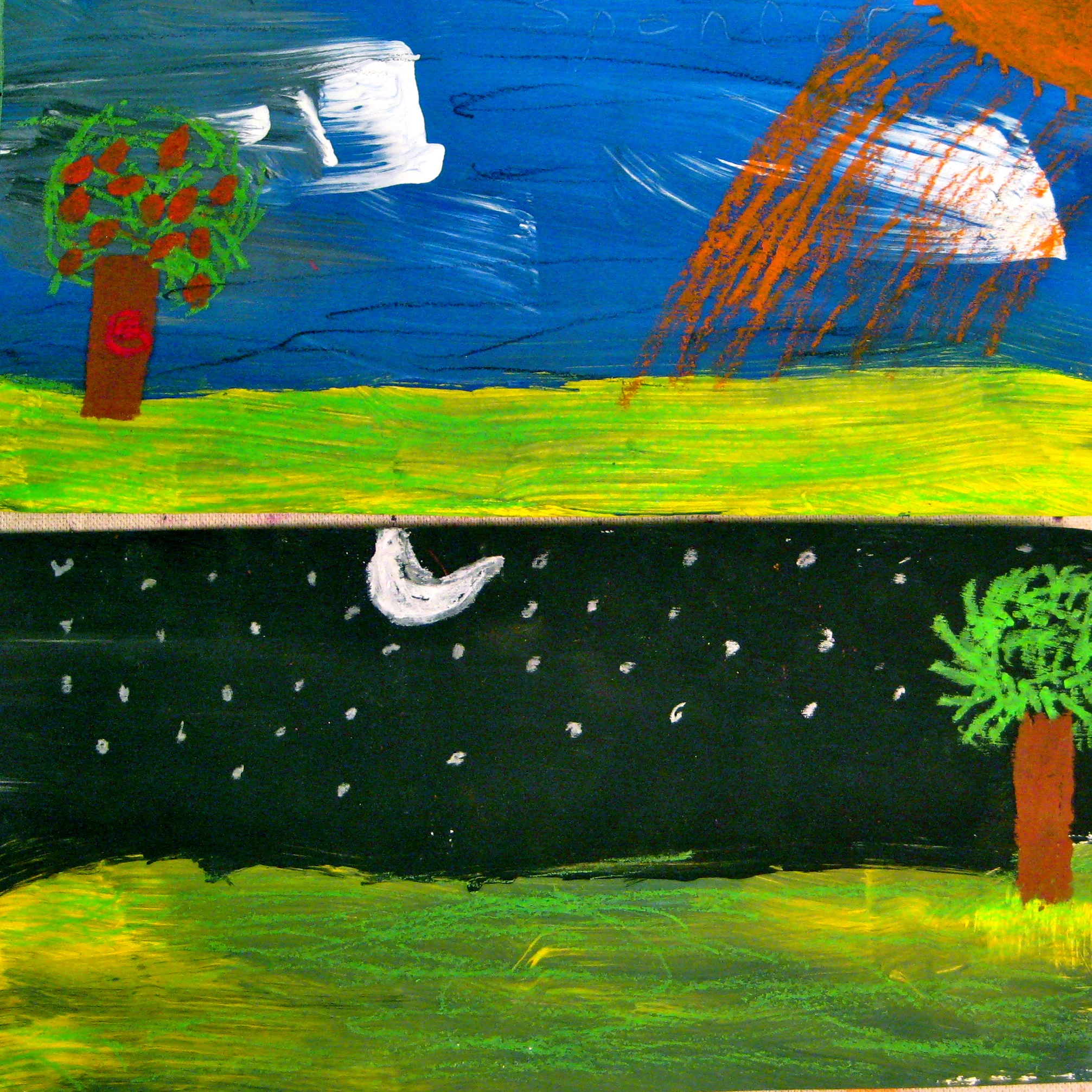 Grade 3 Mixed Media, 'Sky & Land, Night & Day" with a tempera underpainting