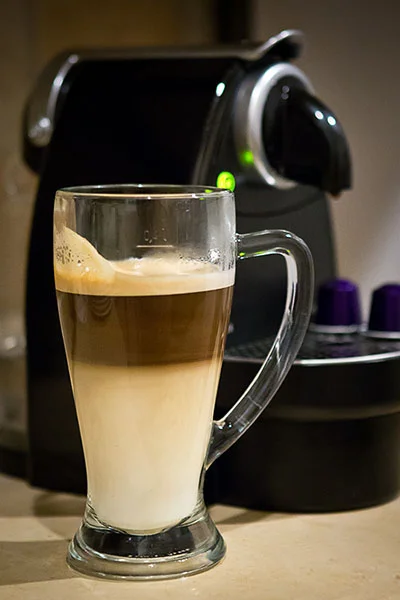 3 Arpeggio (Nespresso) capsules, with boiled skimmed milk.