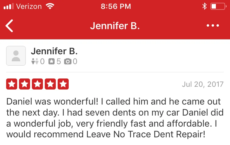 Daniel was wonderful! I called him and he came out the next day. I had seven dents on my car Daniel did a wonderful job, very friendly fast and affordable. I would recommend Dent Vanish AZ Paintless Dent Repair!