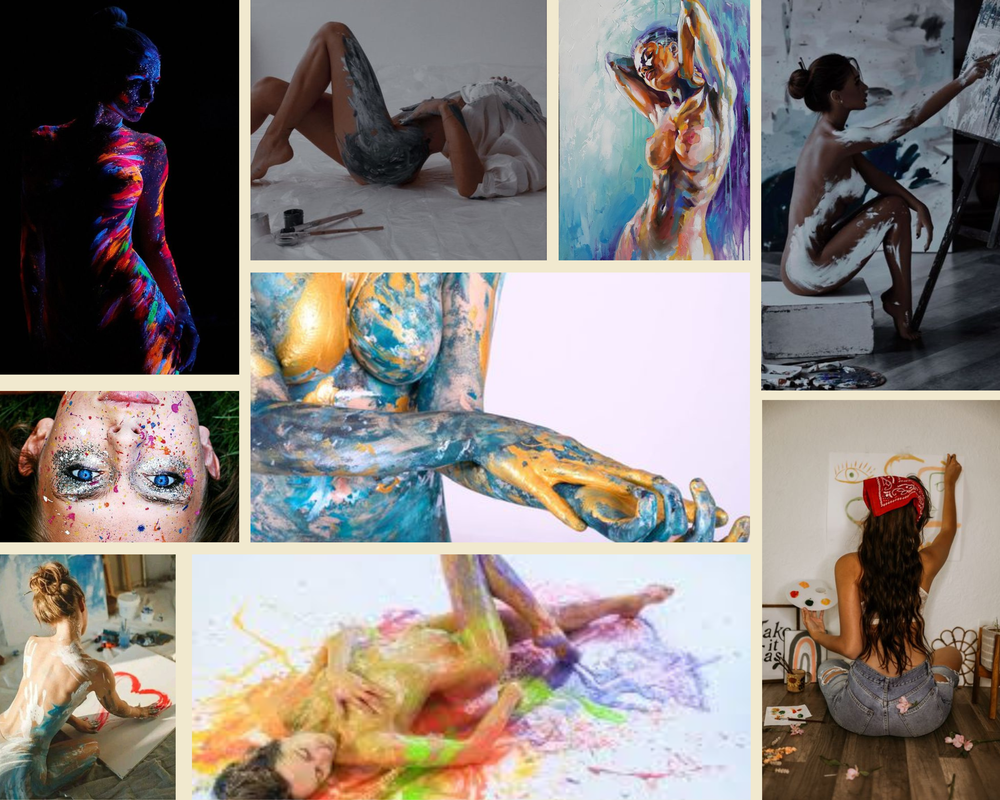 Body paint of all colors, paint splatter, metallic smears, paint brushes with a canvas, and painter’s overalls.