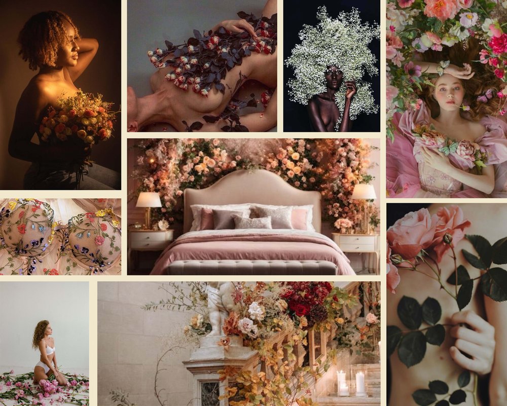 flower walls, pretty petals, roses on the bed, flower crowns, soft baby’s breath, and beautiful light.